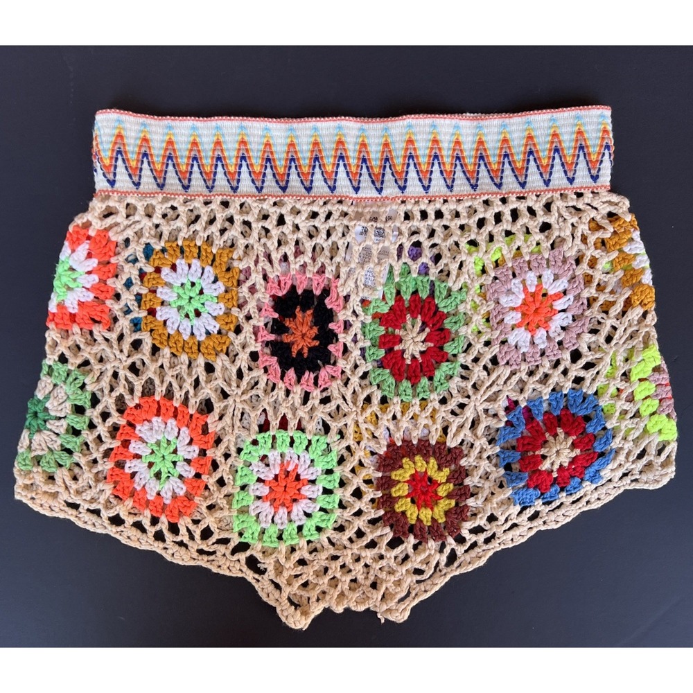 Granny Square Crochet Shorts Womens L Boho Festival Colorful Knit Pull On - Picture 7 of 13